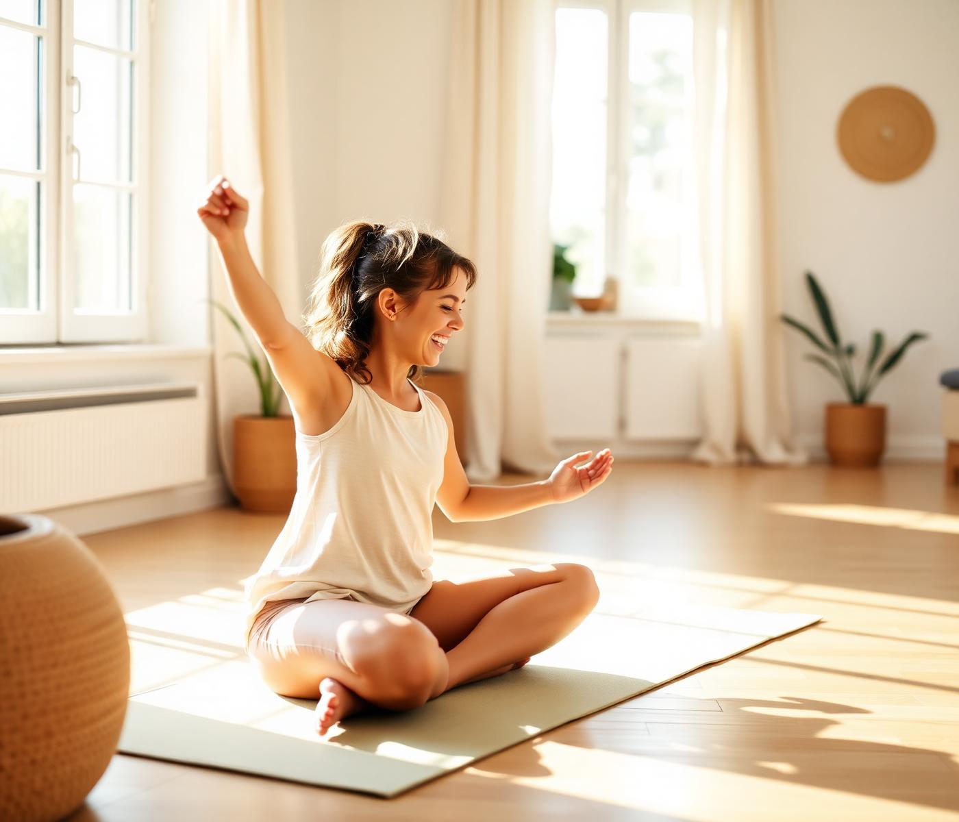 Adult and child practising yoga together in a bright room